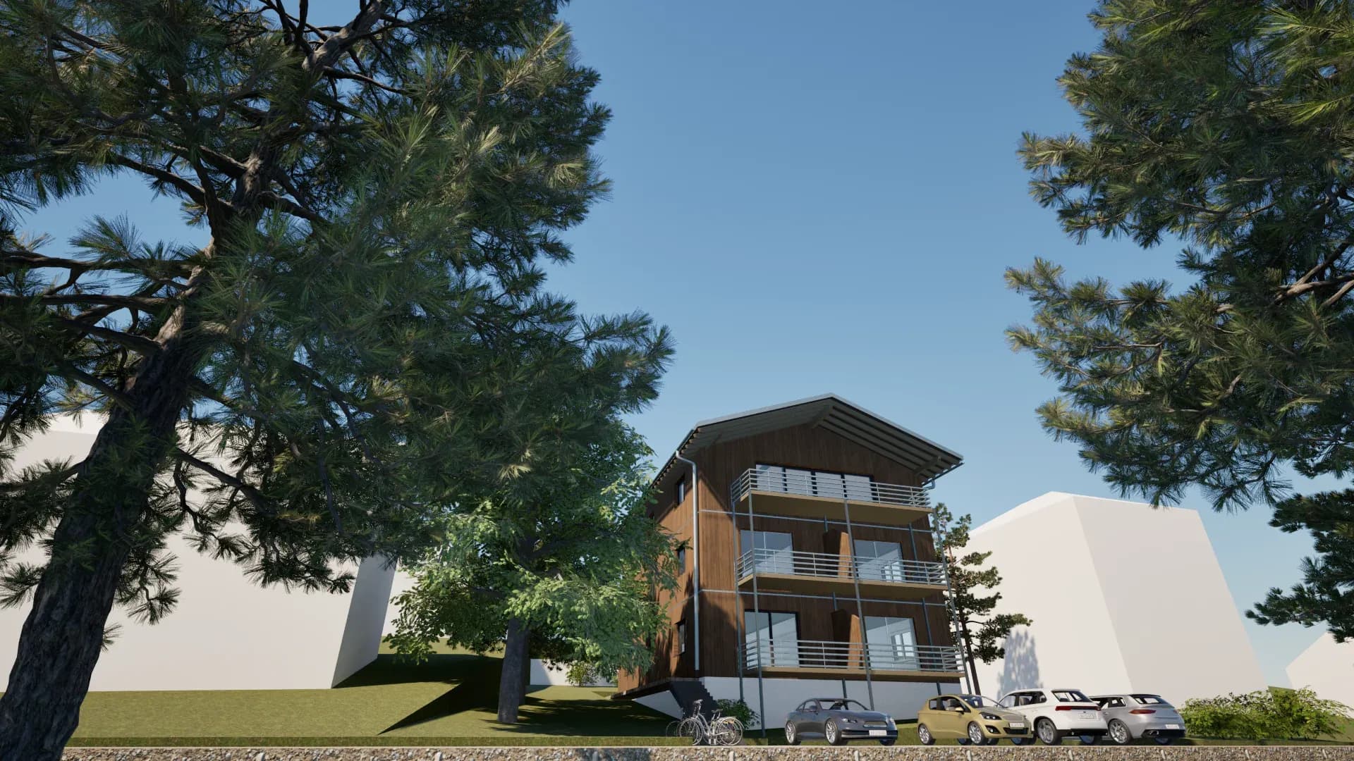 Modernes Holzhaus — Rendering eines geplanten Einfamilienhauses in Holzrahmenbauweise, Berlin & Brandenburg