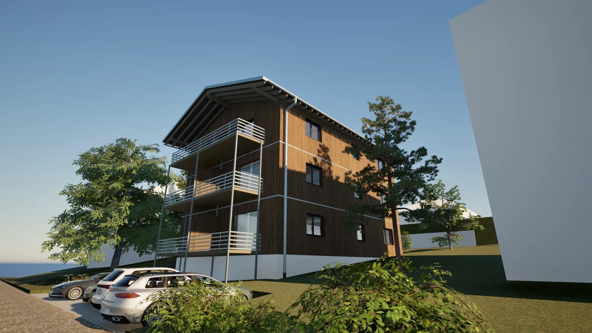 Holzhaus Entwurfsplanung — architektonisches Rendering eines Holzrahmenbau-Hauses für Bauherren in Berlin und Brandenburg